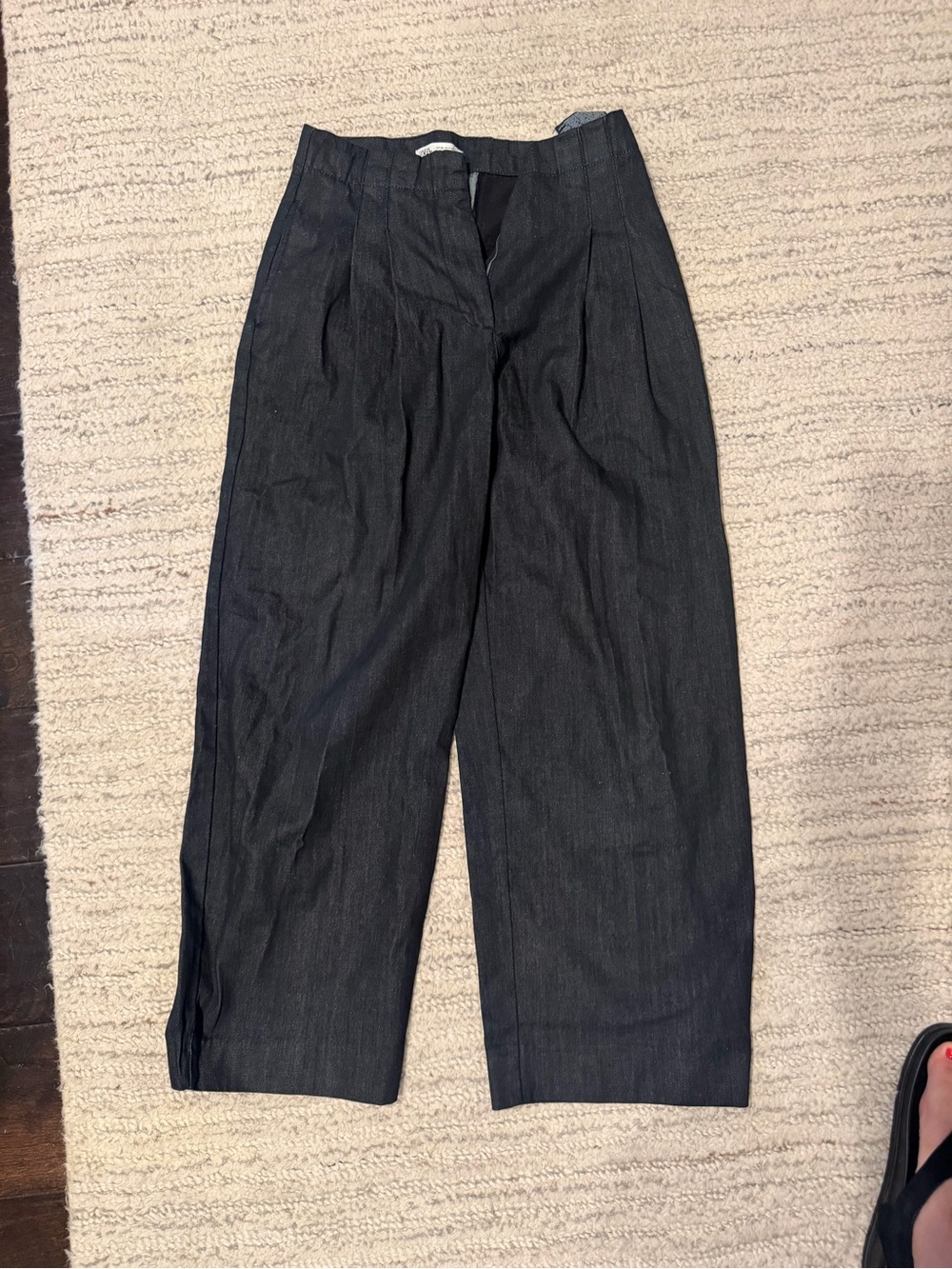 Zara Dark Indigo Pleated Wide Leg Denim Pants 4